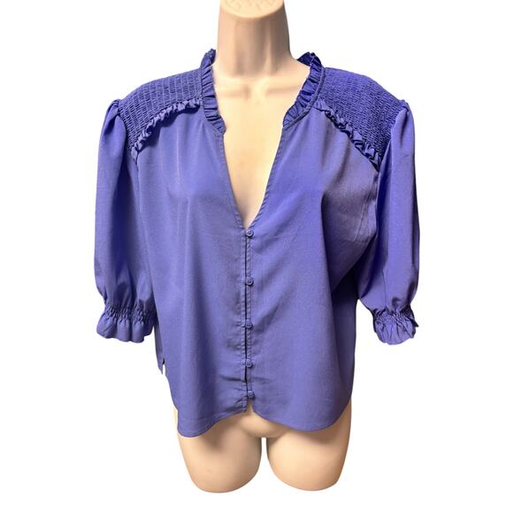 French Connection NWT Puff Sleeve Crepe Button-Up Top Size 12 Baja Blue Career - Picture 3 of 7